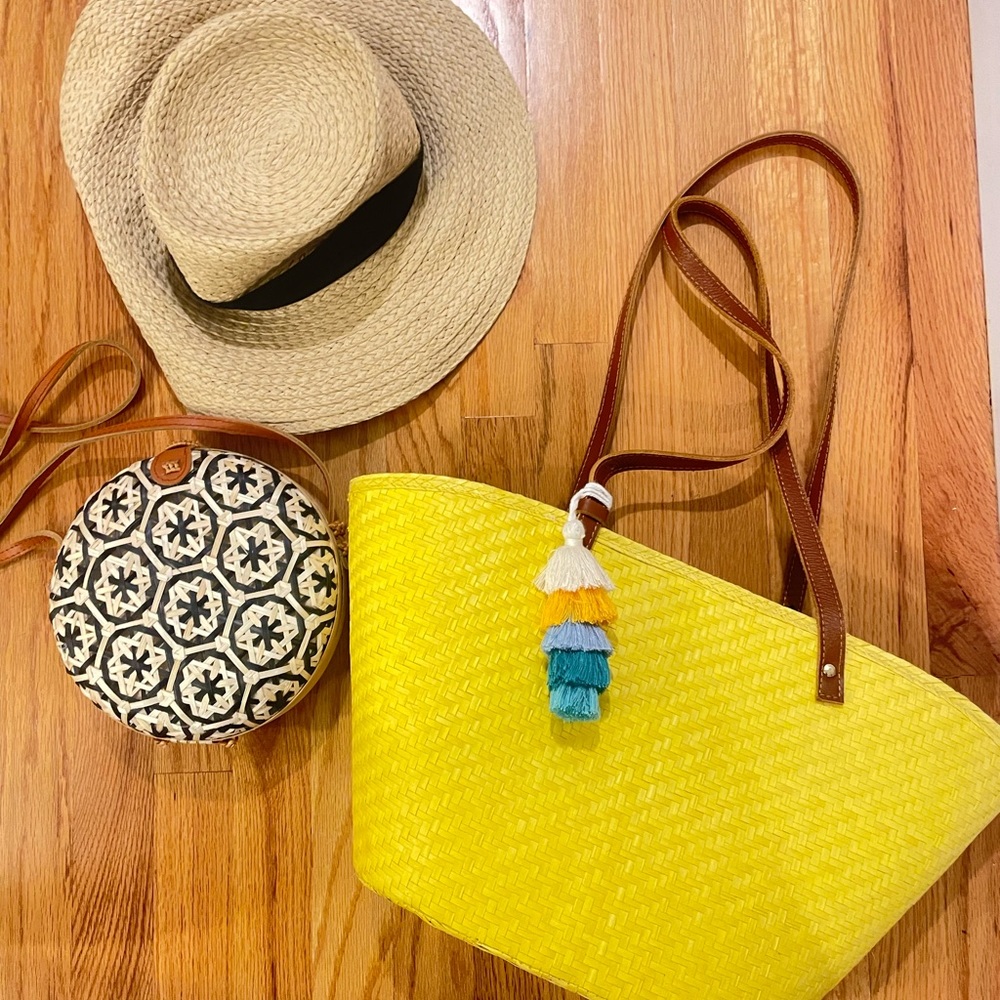 Large yellow straw woven tote with tassel and mini round rattan bag - Picture 1 of 13